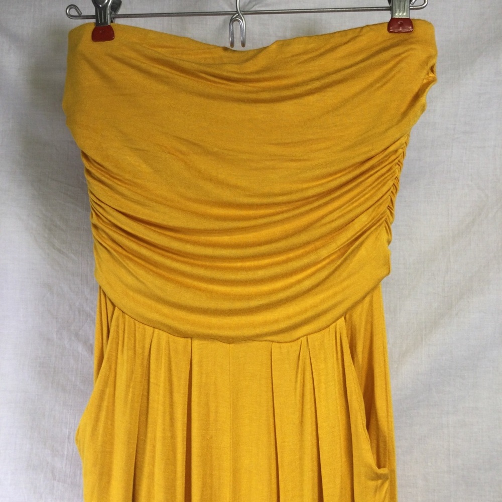 Heart Hips Womens Strapless Mustard Yellow Gathered Jumpsuit Sz S - Picture 2 of 14